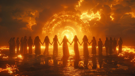 A group of people holding hands in a circle surrounded by the wheel of karma symbolizing the interconnectedness of all beings and the shared responsibility in shaping ouの素材