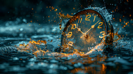 A clock face melting into a puddle of distorted numbers symbolizing the fluid nature of time and its impact on our perception of spaceの素材