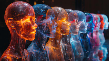A series of transparent heads in various positions each with a unique glowing mind depict a chain reaction of telepathic communication. The image represents the powerful ripplの素材