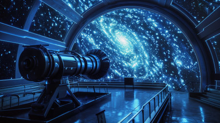 Through a powerful telescope visitors at the Electron Cloud Observatory can see the faint traces of electron movements in distant stars and galaxiesの素材