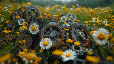 A pile of discarded watch faces and broken gears lay a a field of wildflowers a forgotten reminder of a lost sense of timeの素材