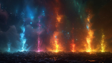 A dark starry night sky with seven bright orbs of light positioned in a formation that resembles the seven chakras. Each orb seems to hold a different energy and power waitinの素材