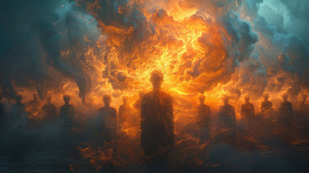 A group of people engaged in meditation or deep reflection their heads merging together to symbolize the merging of individual consciousness into a collective interconnecteの素材