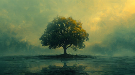 The tree stands in the midst of a vast endless void the silence and stillness only serving to emphasize its significance and profound wisdomの素材