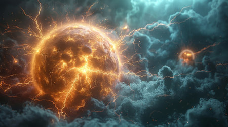 A glowing orb surrounded by smaller orbs in a circular formation as if they are all reaching towards each other with electric currents flowing between themの素材