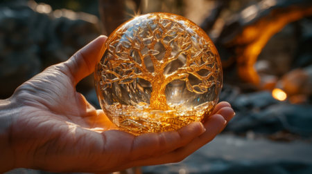 A closeup image of a hand holding a crystal ball with a tree of life etched onto its surface. The crystal ball symbolizes clarity and intuition while the tree represents inneの素材