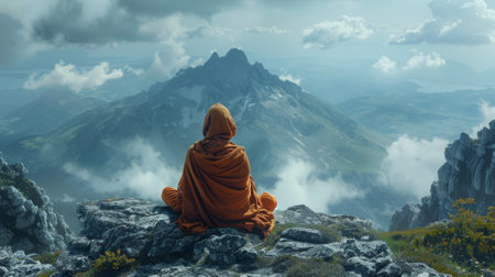 Surrounding the person are rugged cliffs and peaks representing the challenges and obstacles that were overcome on the journey towards enlightenmentの素材