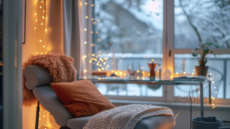 A warm and inviting office nook with a comfortable chaise lounge a modern glass desk and a string of fairy lightsの素材