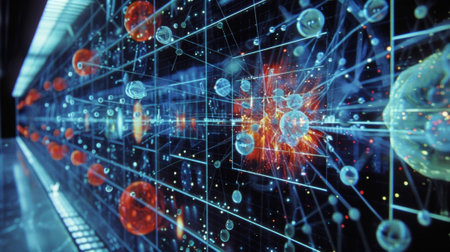 A chart on the wall tracking how many times each particle has undergone fusion or fissionの素材