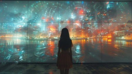 A video installation projecting multiple screens onto a wall each one displaying a looping video of the same location but with slight variations and distortionsの素材