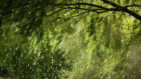 The windswept branches of a willow tree reflect the chaotic nature of particle collisions in the gardenの素材