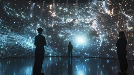 A holographic display of the Copenhagen interpretation of quantum mechanics sparks debate and discussion a visitors about the nature of realityの素材