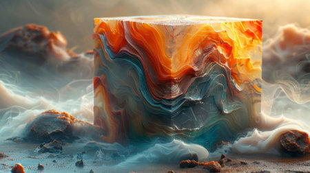 A digital artwork portraying a solid block of marble slowly dissolving into a mist of colorful swirls symbolizing the shift from tangible matter to intangible conceptsの素材