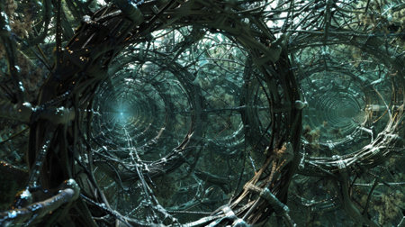 A maze of vines and branches creates a complex network mirroring the intricate web of interactions between particlesの素材