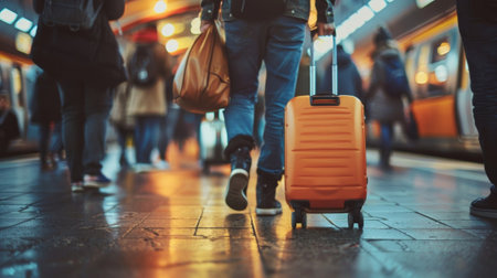 Passengers with rolling suitcases can be seen navigating through the crowds heading towards their designated platformsの素材