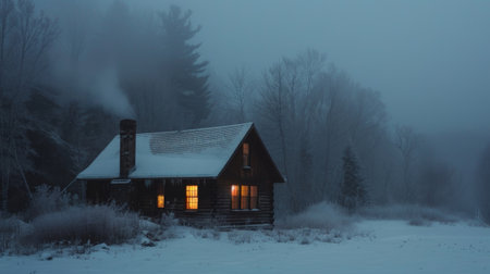 A cozy cabin nestled in a grainy winter landscape smoke rising from its chimney and warm light seeping through the frosted windows creating a sense of comfort and solace amidst thの素材