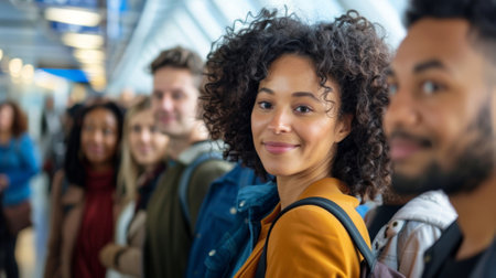 Young confident businesswoman smiling while waiting in line with coworkersの素材