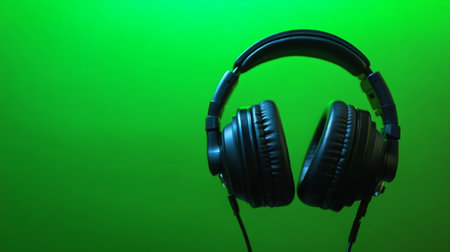 A closeup of a headset resting on a gamers neck with a bright green backgroundの素材