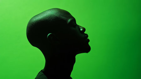 A contemplative figure with a relaxed posture highlighted by an invigorating green hueの素材