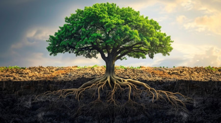 A graphic design featuring a tree with roots stretching deep into the ground symbolizing the exchange of energy between earth and all living creaturesの素材