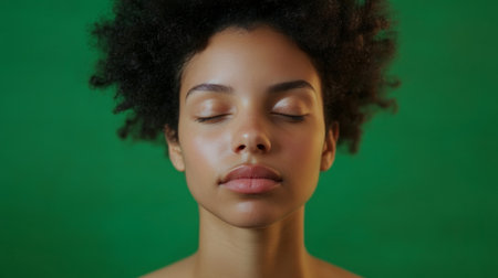 An expression of focus and relaxation featuring soft lighting on a green canvasの素材