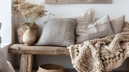 A rustic bedroom corner with a wooden bench layered with plush pillows and a warm knit throw. The raw wood and neutral tones create a warmth and simplicity that promotes relaxationの素材
