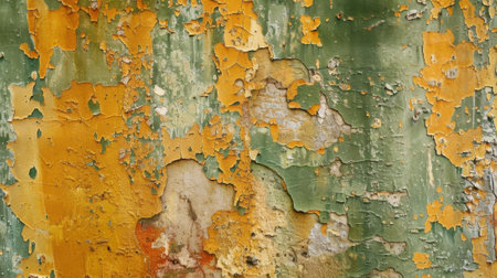 An abstract image of a weathered wall with a blend of muted greens yellows and oranges resembling peeling paintの素材