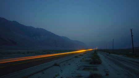 A sense of adventure and freedom can be felt as car lights s through the desolate desert landscape on a quiet and deserted highwayの素材