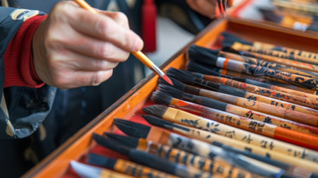 Artist choosing right brush for traditional chinese calligraphy from wooden boxの素材