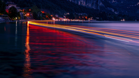 The tranquil waters of the lake reflect the vibrant light trails of passing carsの素材