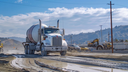 The cement truck pulls up next to the mixer ready to refill and continue the pouring processの素材