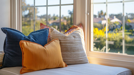 Comfortable modern window seat with colorful throw pillows inviting you to relaxの素材