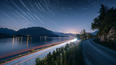 Traveling beneath a canopy of stars the car light trails on the lakeside roads guide the wayの素材