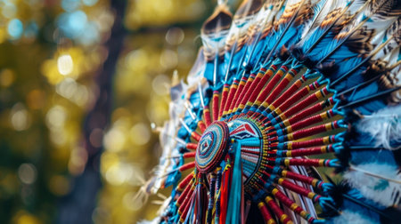 Native american headdress with colorful feathers and beadworkの素材