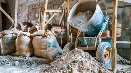 The mixer is surrounded by bags of cement powder ready to be emptied in for mixing and pouringの素材