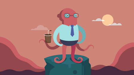 Workday Ready Illustrated in a flat design style the octopus is standing upright on a rocky outcrop dressed in a tiny bow tie. One tentacle confidently grips a leather briefcase.の素材