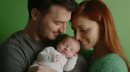 The baby sleeps peacefully while the parents share a tender momentの素材