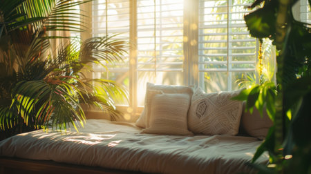 Sunlight streams in through the window illuminating a serene nook nestled a leafy palm trees and hanging ferns with a cushioned daybed invitingly beckoning for a peaceful escapeの素材
