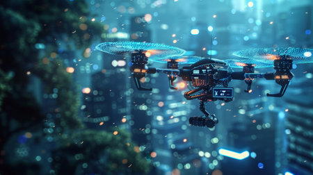 Futuristic drone flying over smart city at night delivering parcelの素材