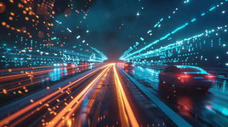 Autonomous vehicles driving on futuristic highway in smart city at nightの素材