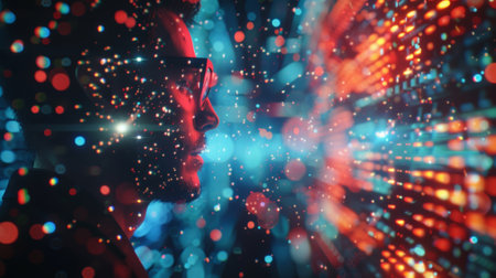 Software engineer interacting with futuristic data stream and light particlesの素材