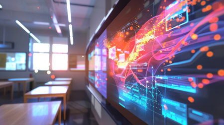 Futuristic interactive screen displaying data in empty classroomの素材