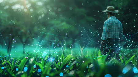 Farmer analyzing crops with futuristic network technology in a smart farmの素材
