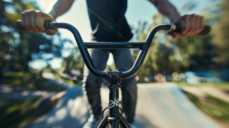 Closeup of a BMX riders handlebars as they pull off a trick over a series of small rampsの素材