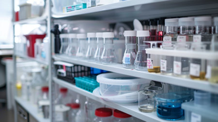 A cabinet filled with labeled storage containers holding different types of laboratory equipment such as beakers and spatulasの素材