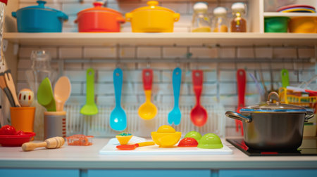 A small kitchen area is set up with plastic play food and utensils for children to use their imaginations and play pretendの素材