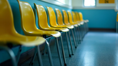 A row of plastic chairs lined up against the wall providing extra seatingの素材