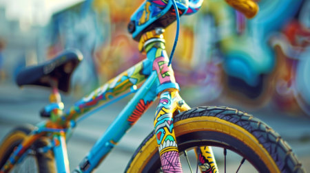 Closeup of a BMX riders colorful bike with intricate designs and patterns covering the frameの素材