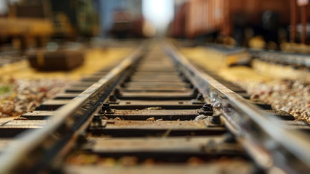 A detailed shot of a long flat rail with various obstacles in the backgroundの素材