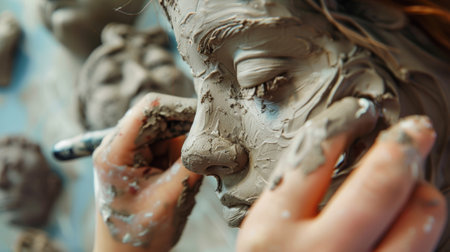 A students hand meticulously adding small details to a clay sculpture using a sculpting tool seen in a closeup shotの素材